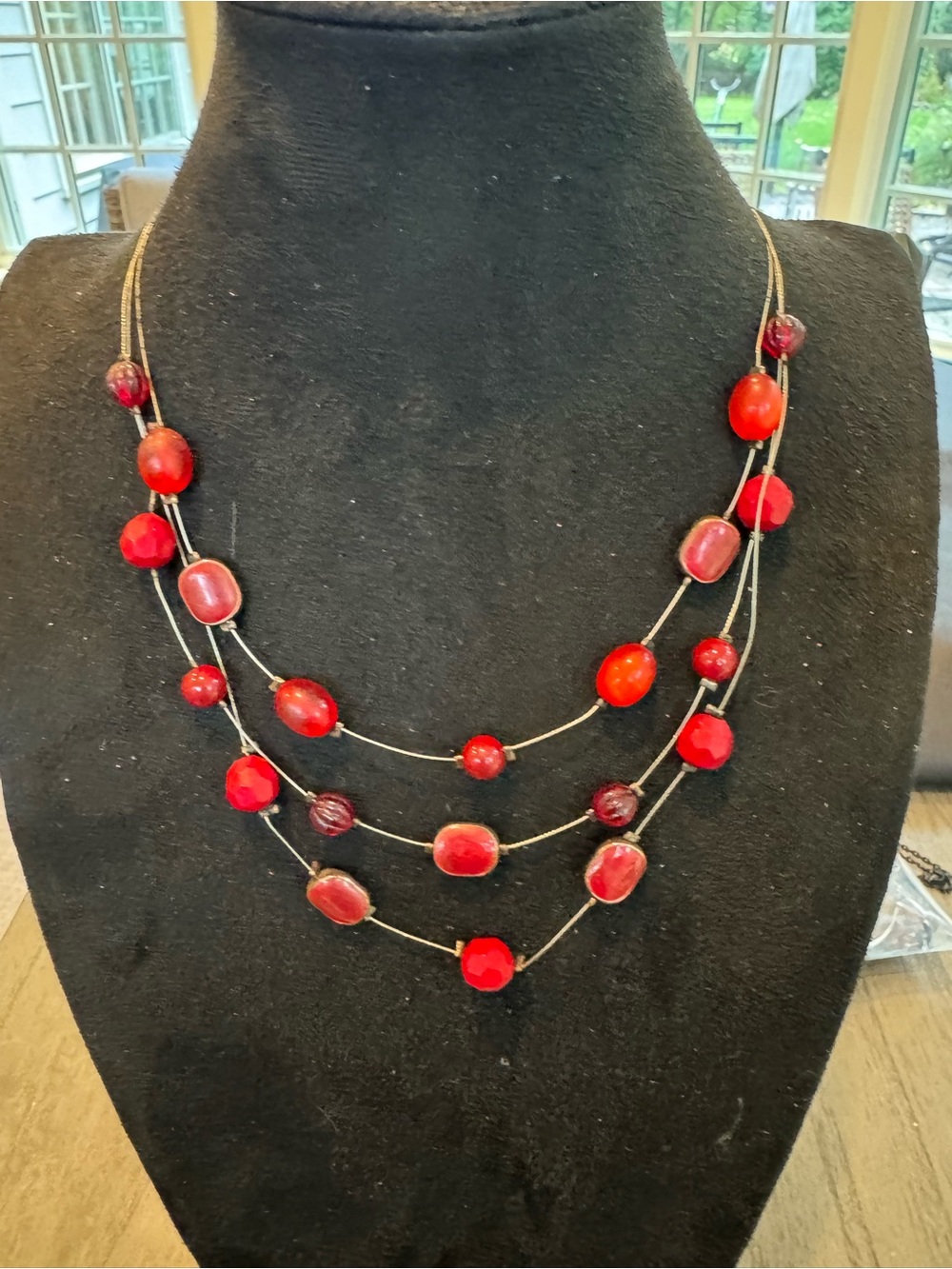 Red Beaded Multi Strand Necklace Layered Statement Gold Tone Adjustable